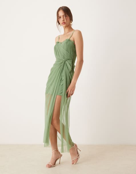 Lace & Beads ruffle hem corset maxi dress in olive - view 1