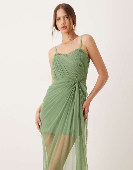 Lace & Beads ruffle hem corset maxi dress in olive, 2 of 4