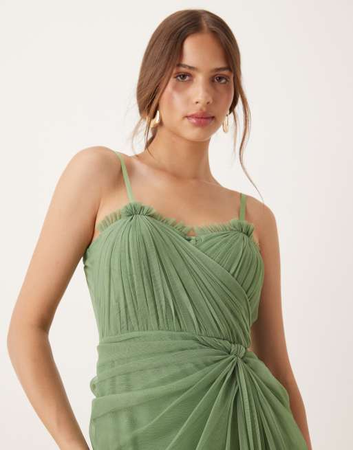 Lace & Beads ruffle hem corset maxi dress in olive, 4 of 4