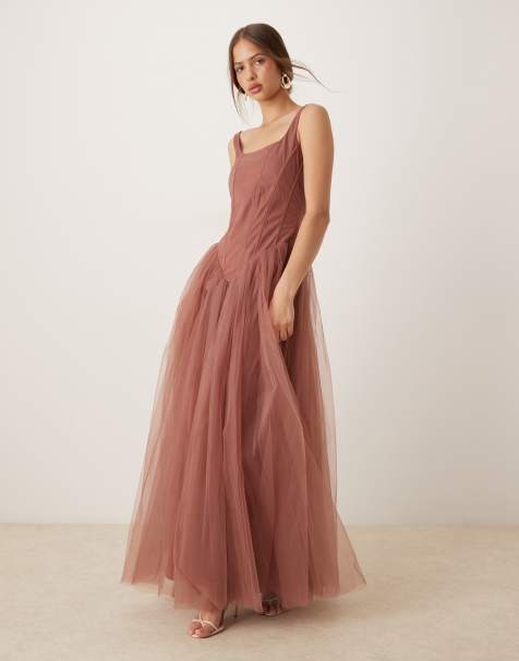 Lace & Beads ruffle hem corset maxi dress in rose brown - view 1