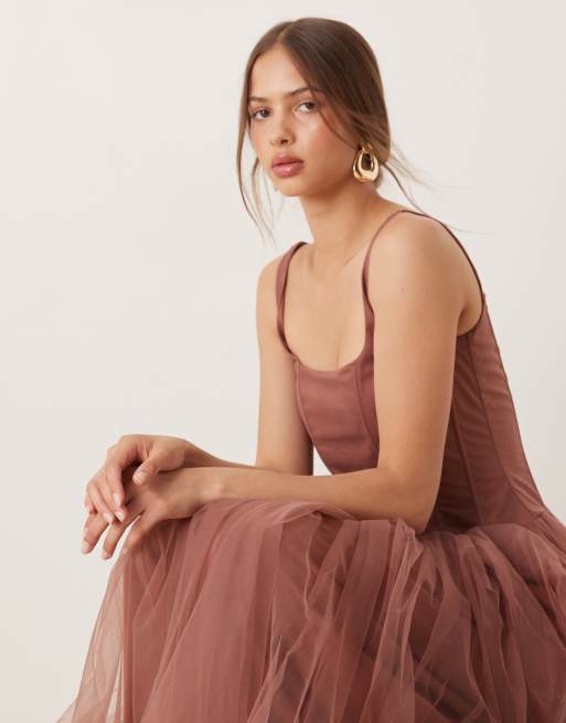 Lace & Beads ruffle hem corset maxi dress in rose brown