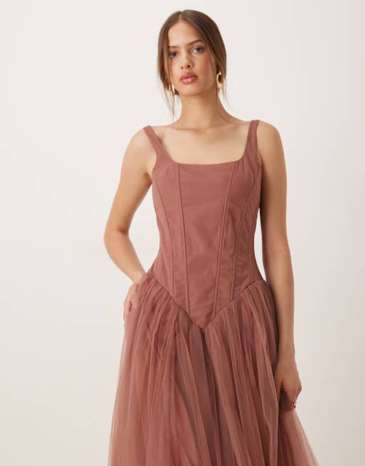 Lace & Beads ruffle hem corset maxi dress in rose brown