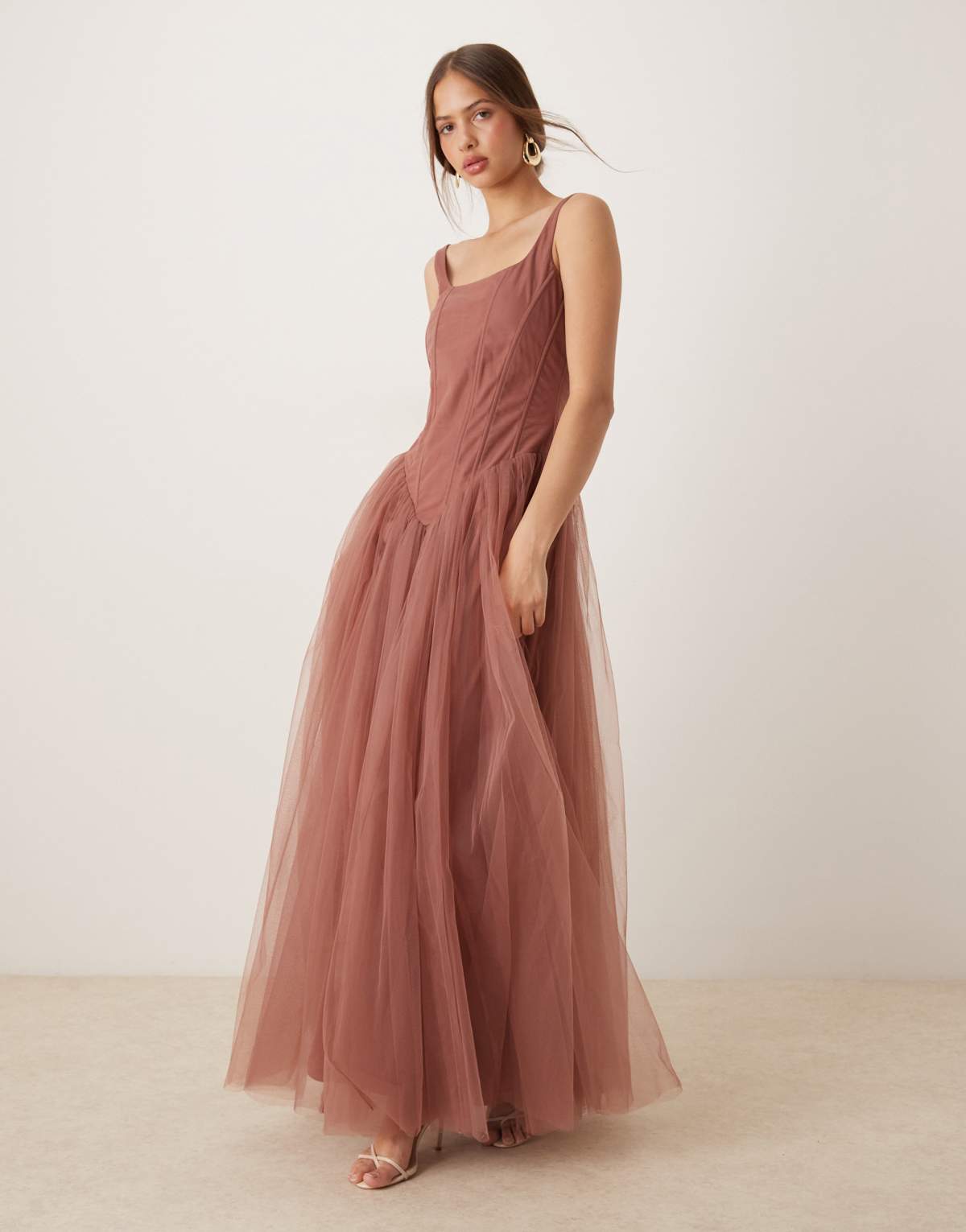 Lace & Beads ruffle hem corset mini dress in rose brown