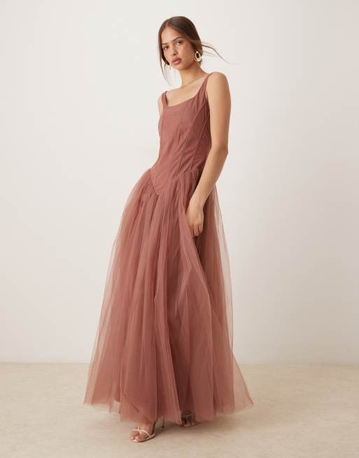 Lace & Beads ruffle hem corset mini dress in rose brown