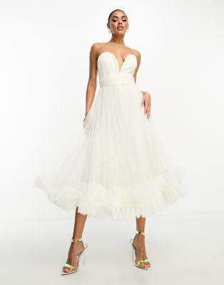 ruffle hem tulle corset midaxi dress in ivory-White