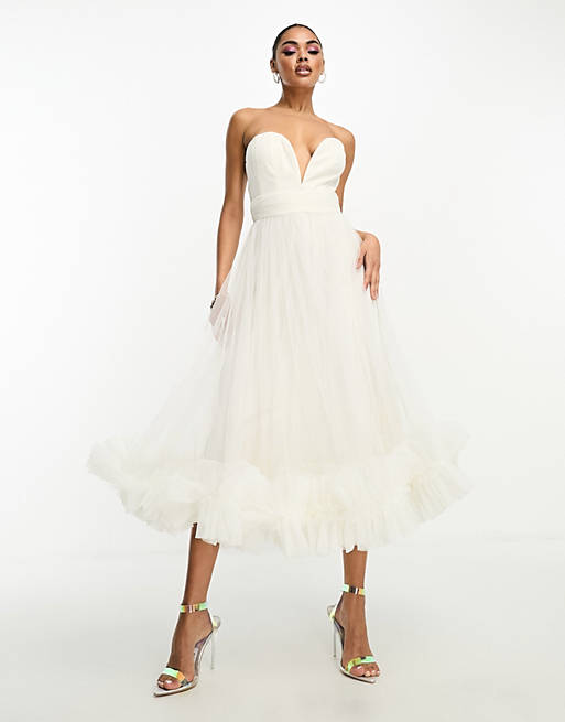 Lace & Beads ruffle hem tulle corset midaxi dress in ivory