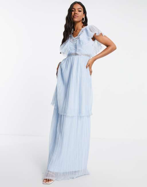 Lace Beads ruffle maxi dress in light blue