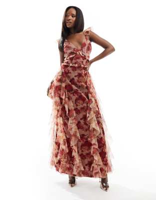 Lace & Beads ruffle midaxi dress in deep rose print