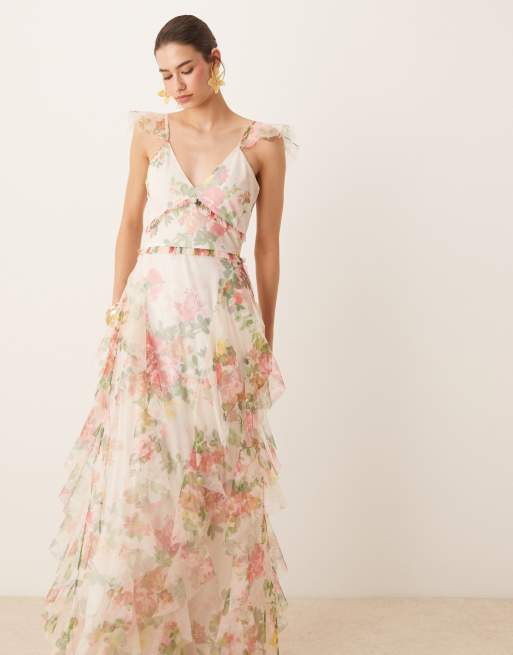 Lace & Beads ruffle midaxi tulle dress in bright floral