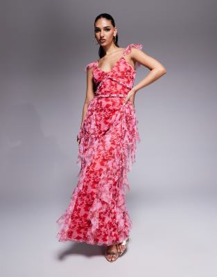 Lace & Beads Ruffle Midaxi Tulle Dress In Red