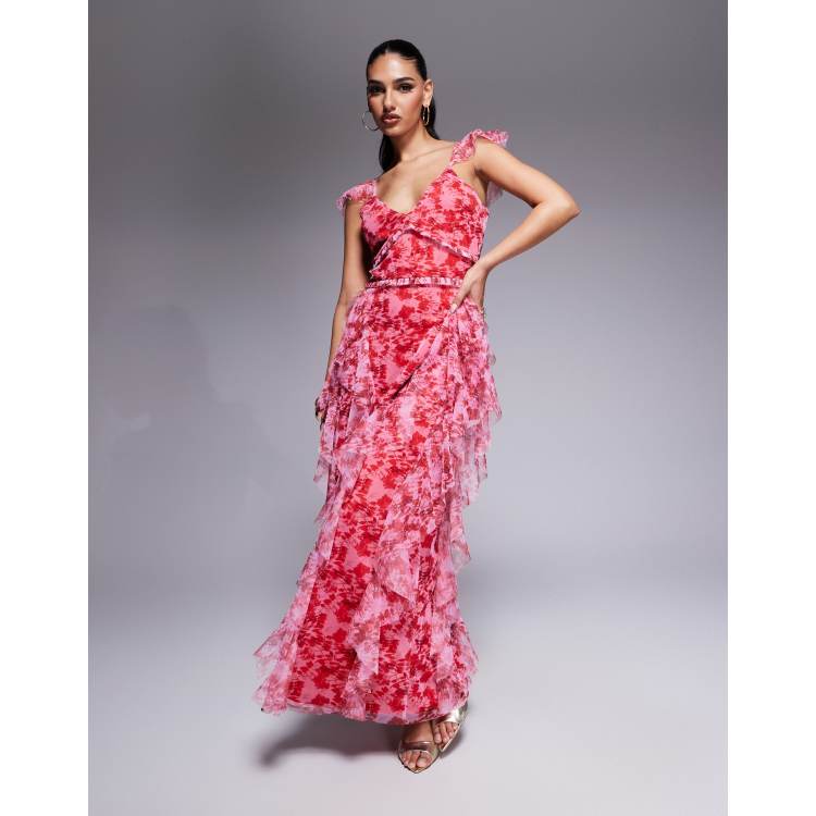 pink floral ruffle dress Bella Tiered Midi and beautifully detailed Lace & Beads ruffle midaxi