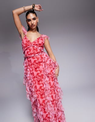 Lace & Beads Ruffle Midaxi Tulle Dress In Red