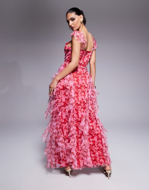 Lace & Beads ruffle midaxi tulle dress in red and pink floral
