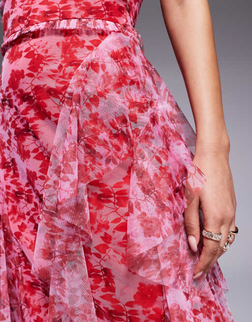 Lace & Beads ruffle midaxi tulle dress in red and pink floral