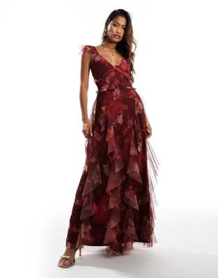 ruffle midaxi tulle dress in red floral