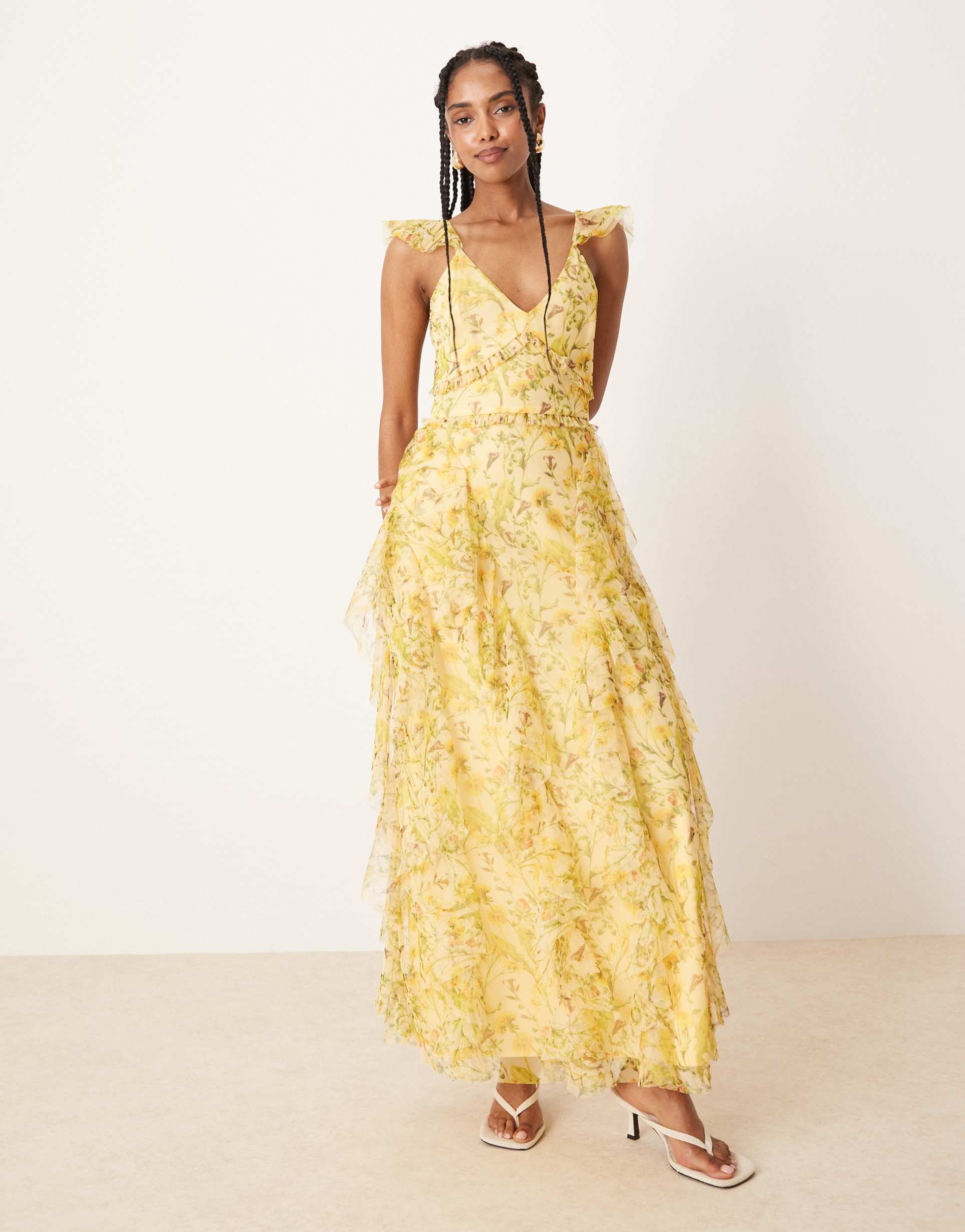 lace & beads ruffle midaxi tulle dress in yellow floral