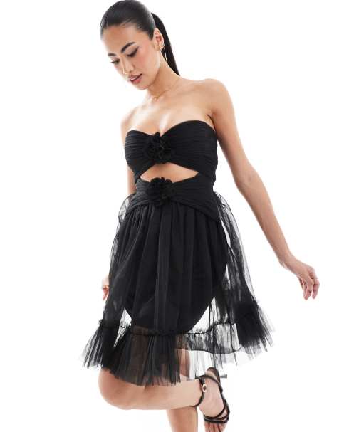 Lace & Beads ruffle rosette mini dress in black - view 1