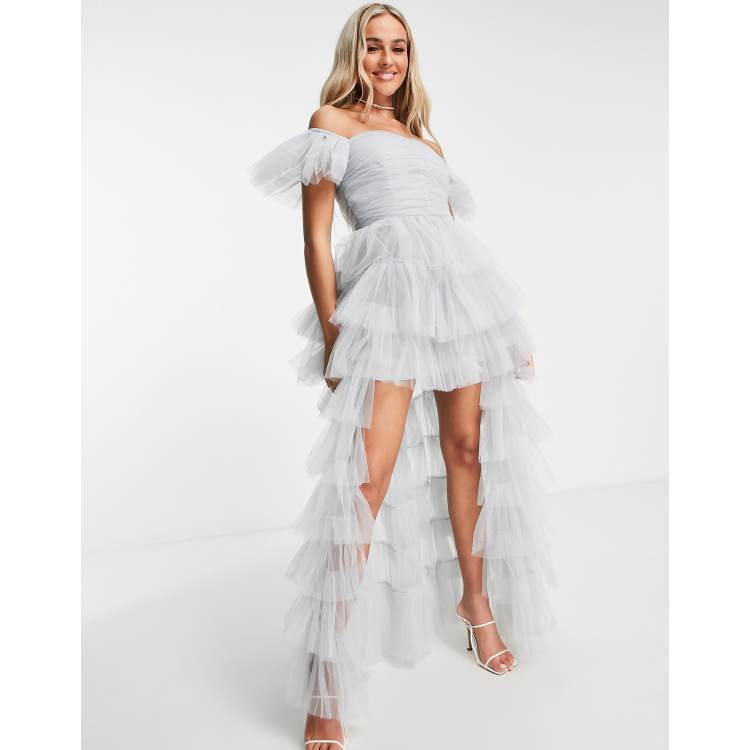 White ruffle hotsell high low dress