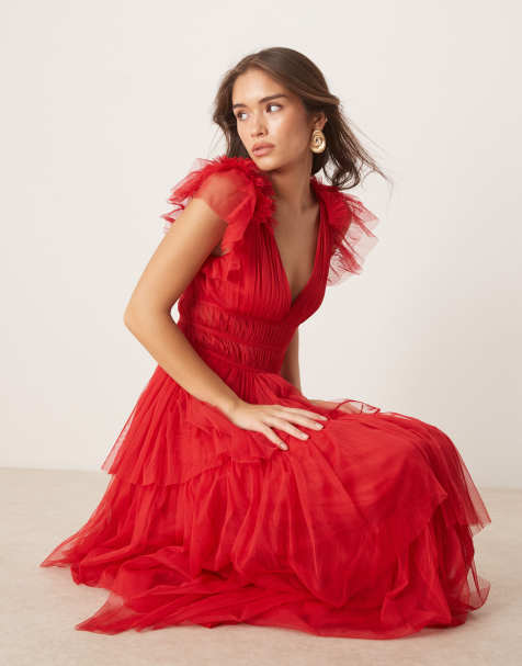 Lace & Beads ruffle shoulder tiered maxi dress in cherry red - view 1