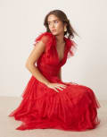 [Lace & Beads] Lace & Beads ruffle shoulder tiered maxi dress in cherry red 14 Cherry Red
