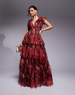 ruffle shoulder tiered maxi dress in deep red rose