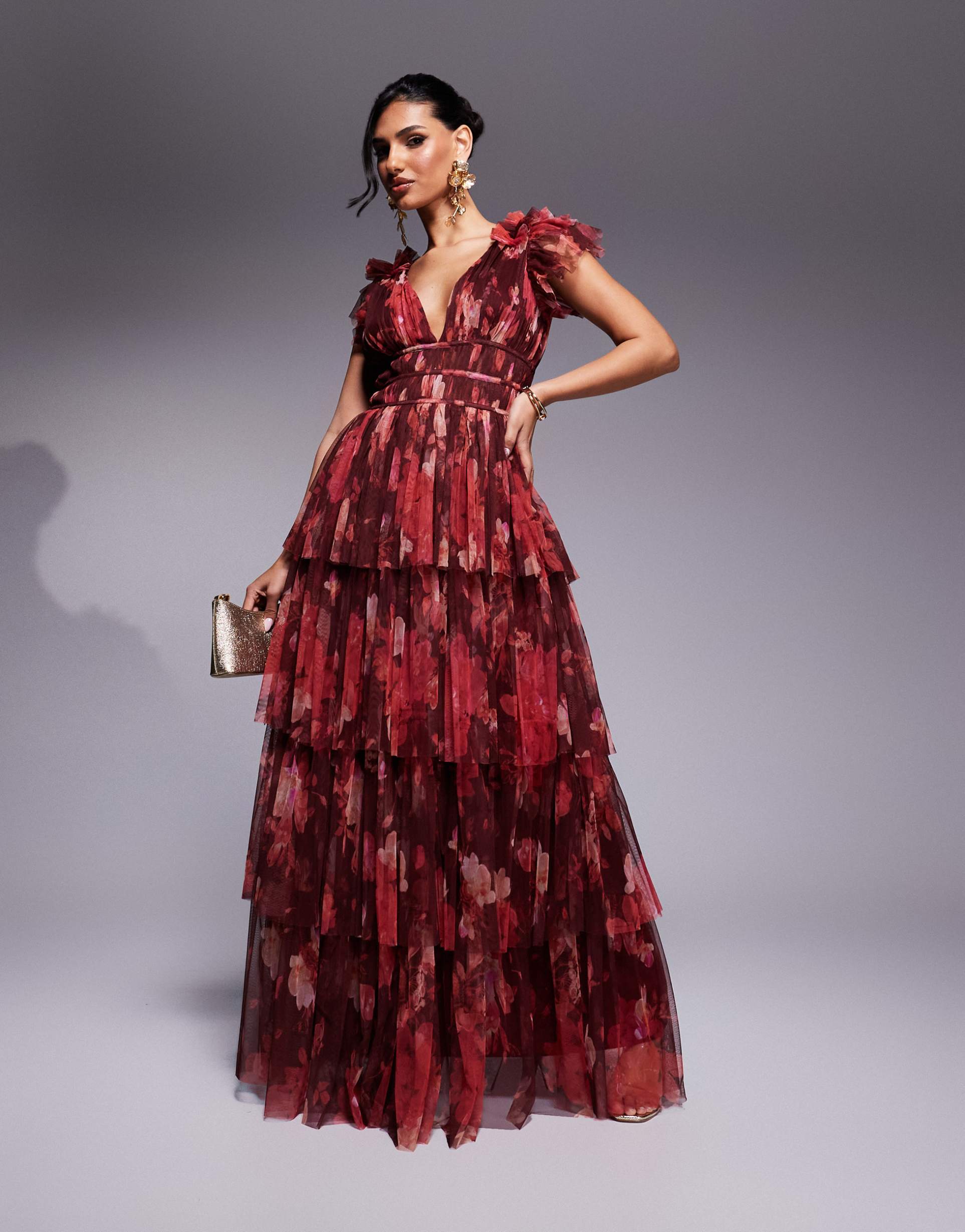 lace & beads ruffle shoulder tiered maxi dress in deep red rose