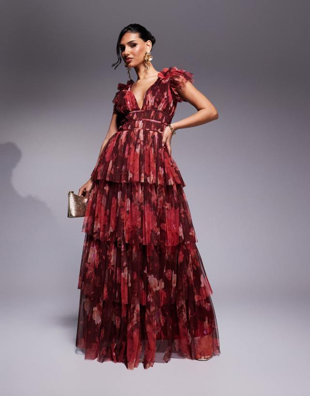 lace & beads ruffle midaxi dress in deep rose print shoulder tiered maxi red Princess Polly Lex Long