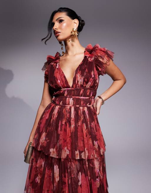Lace & Beads ruffle shoulder tiered maxi dress in deep red rose, 2 of 4