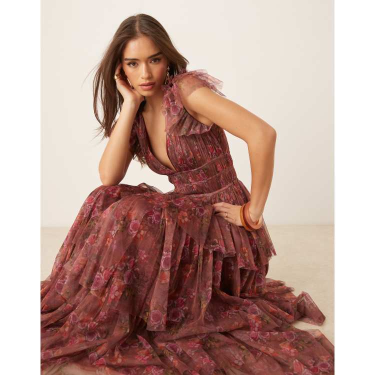 frill shoulder maxi dress Frill Fantasy Blue Frill Shoulder Floral Maxi
