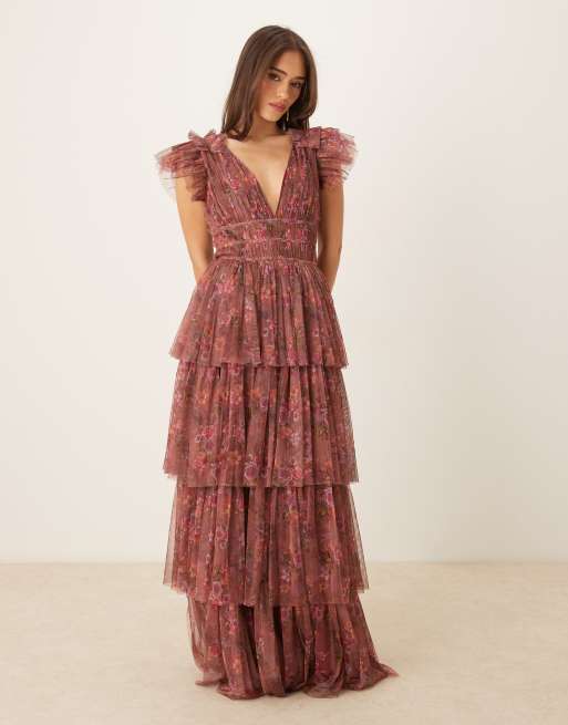 Lace & Beads ruffle shoulder tiered maxi dress in purple floral