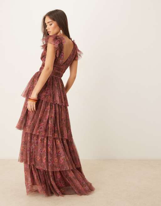 Lace & Beads ruffle shoulder tiered maxi dress in purple floral