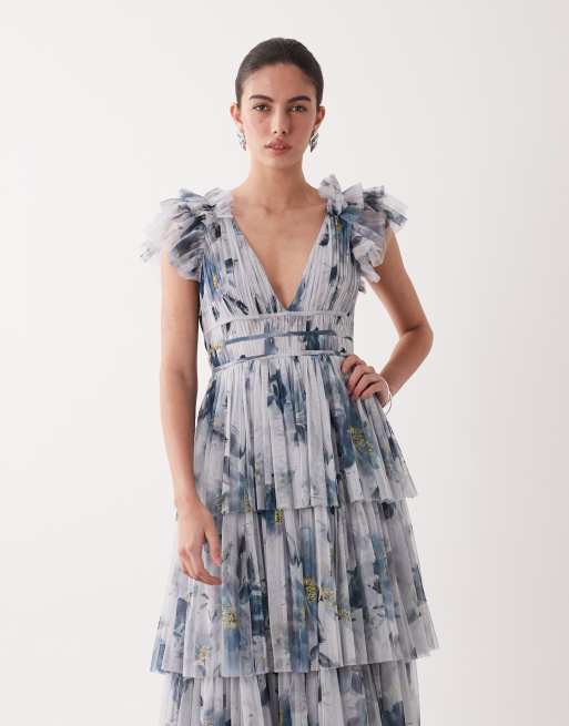 Lace & Beads ruffle shoulder tiered tulle maxi dress in grey floral print, 2 of 4