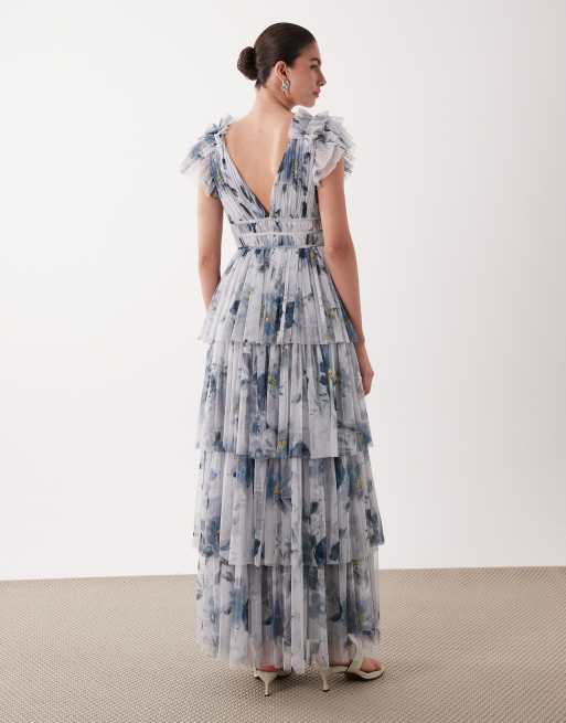 Lace & Beads ruffle shoulder tiered tulle maxi dress in grey floral print, 4 of 4