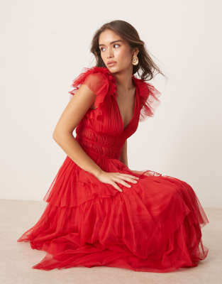 Lace & Beads Ruffle Shoulders Tiered Maxi Dress