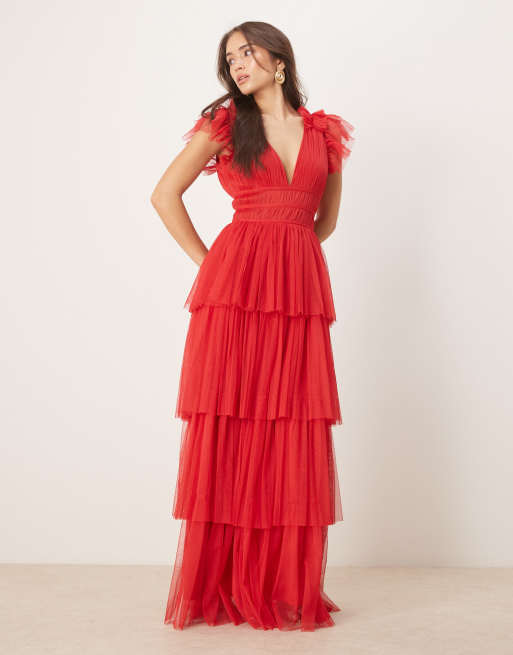 Lace & Beads ruffle shoulders tiered maxi dress in cherry red