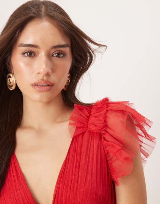 Lace & Beads ruffle shoulders tiered maxi dress in cherry red