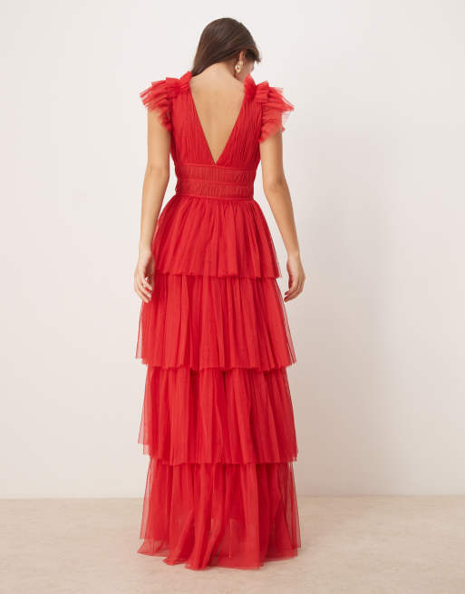 Lace & Beads ruffle shoulders tiered maxi dress in cherry red
