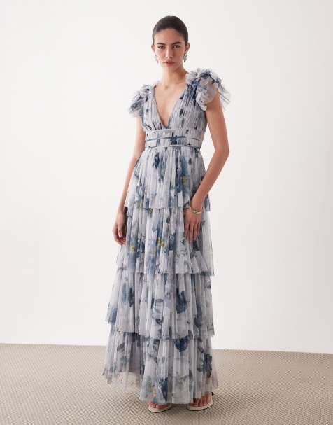 Lace & Beads ruffle shoulders tiered tulle maxi dress in gray floral print - view 1