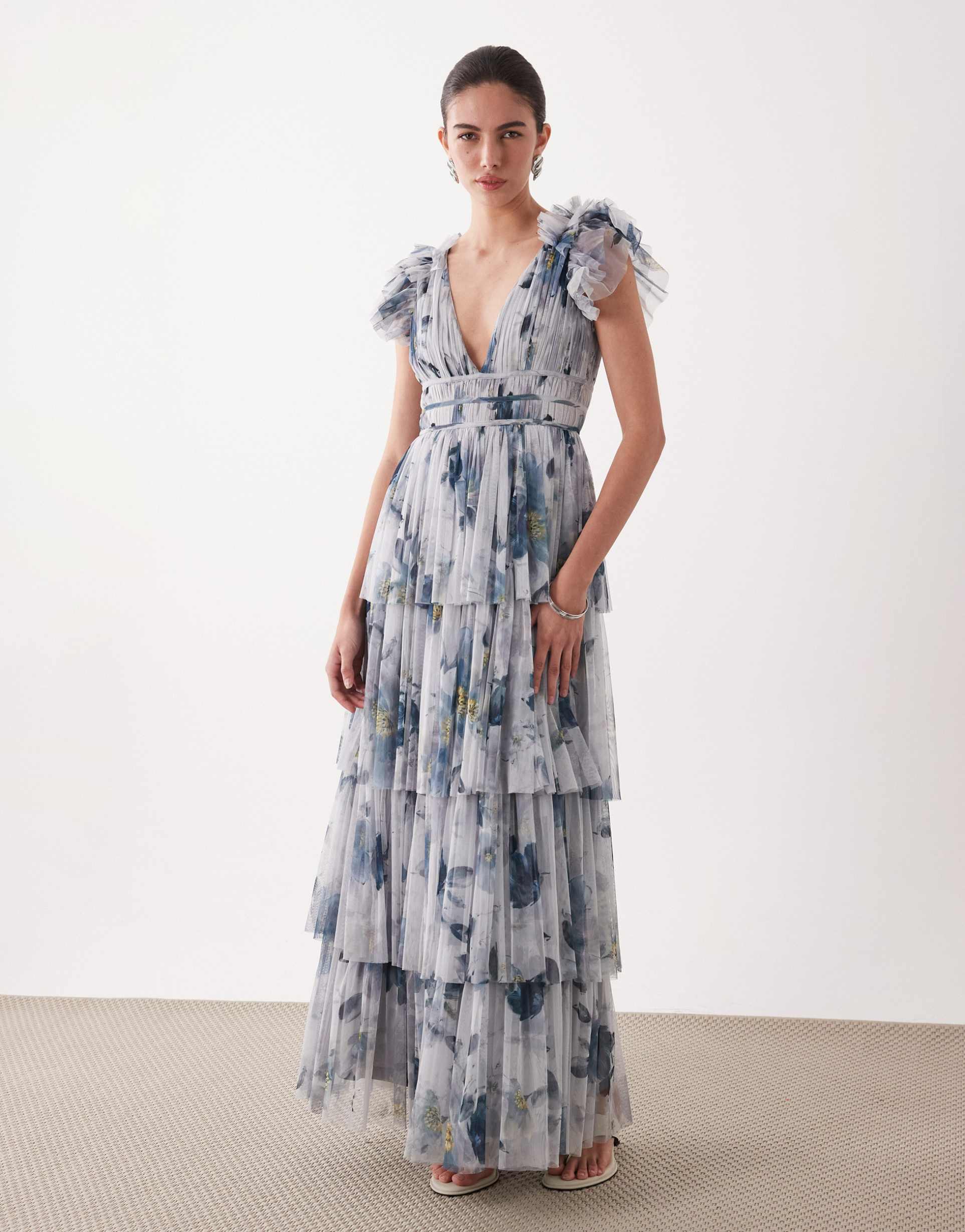 lace & beads ruffle shoulders tiered tulle maxi dress in gray floral print