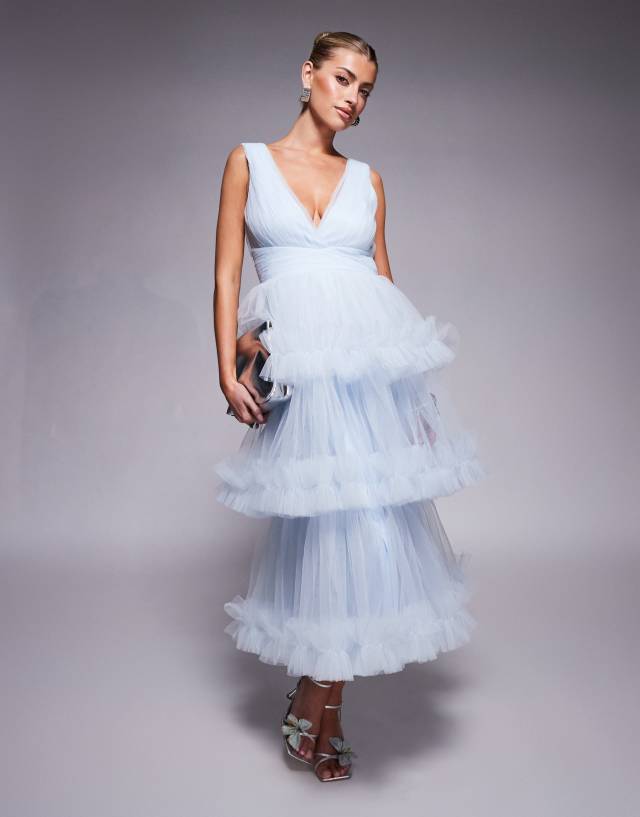 asos lace and beads ruffle midaxi dress & Tiered in sky Blue Corset