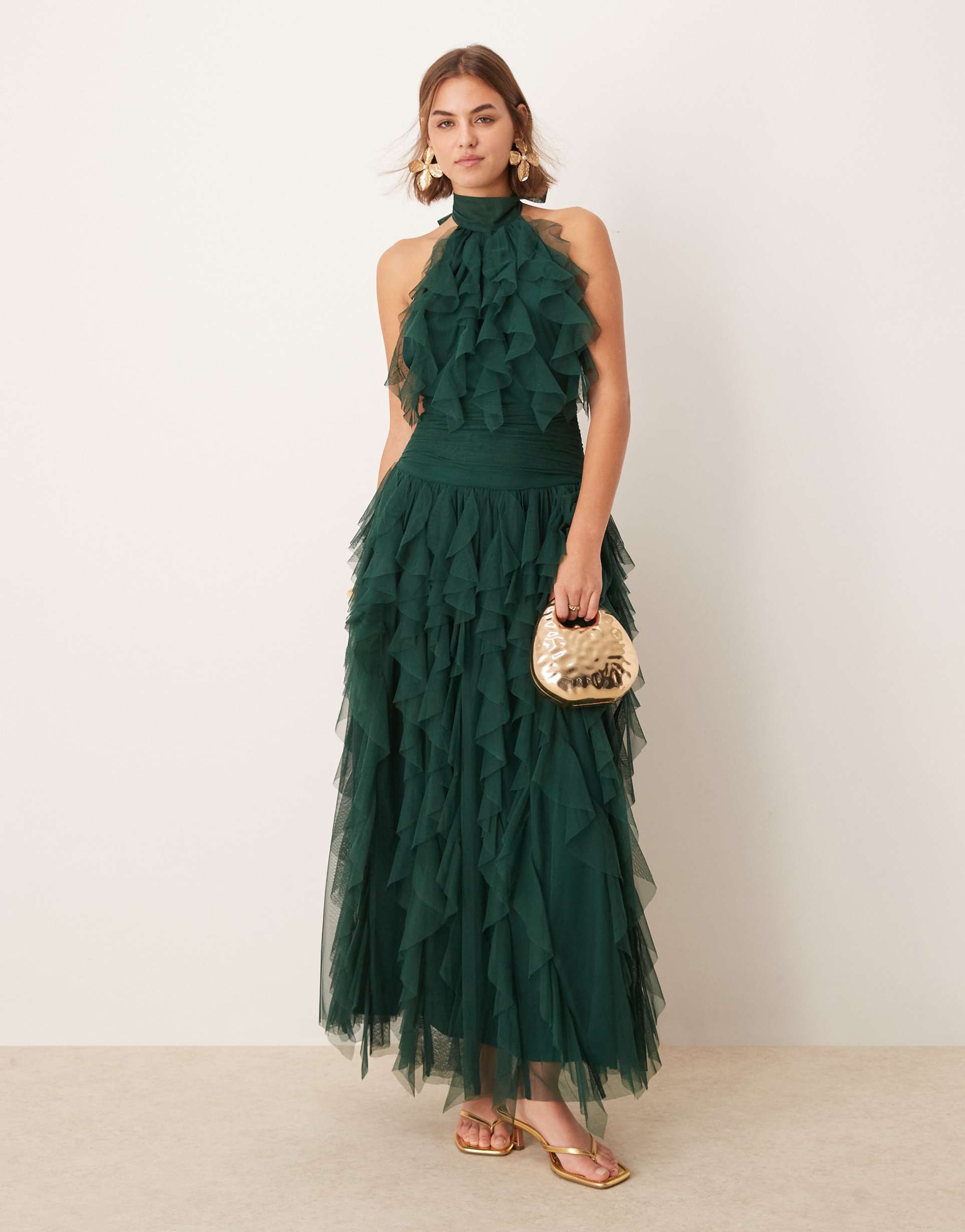 lace & beads ruffle tulle maxi dress in forest green