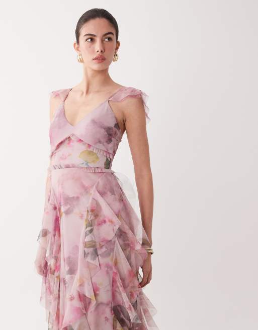 Lace & Beads ruffle tulle maxi dress in pink abstract floral print, 2 of 4
