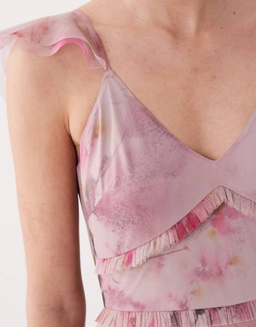 Lace & Beads ruffle tulle maxi dress in pink abstract floral print, 3 of 4