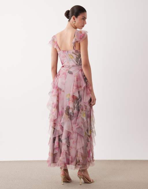 Lace & Beads ruffle tulle maxi dress in pink abstract floral print, 4 of 4