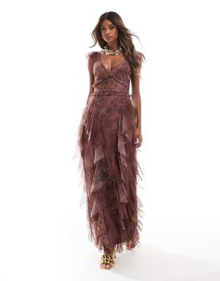 ruffle tulle maxi dress in soft brown animal