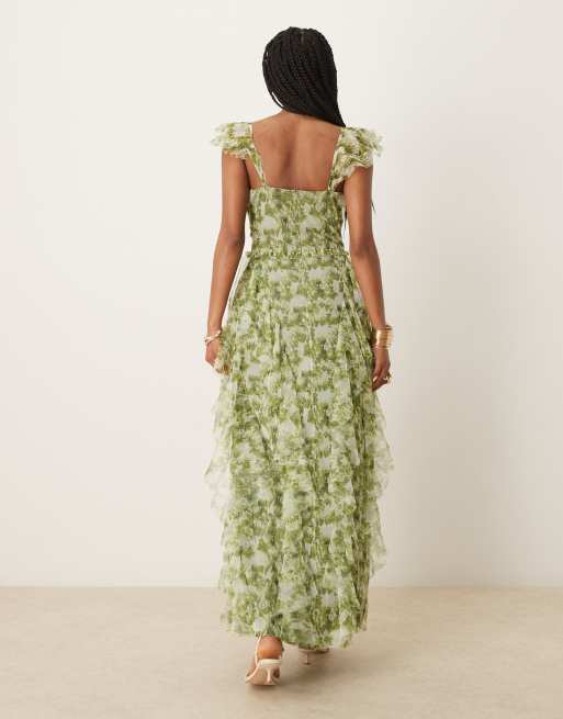 Lace & Beads ruffle tulle midaxi dress in olive floral, 4 of 4