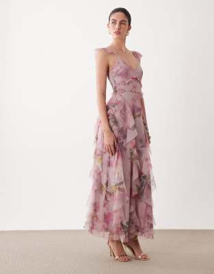 Lace & Beads Ruffled Tulle Maxi Dress In Pink