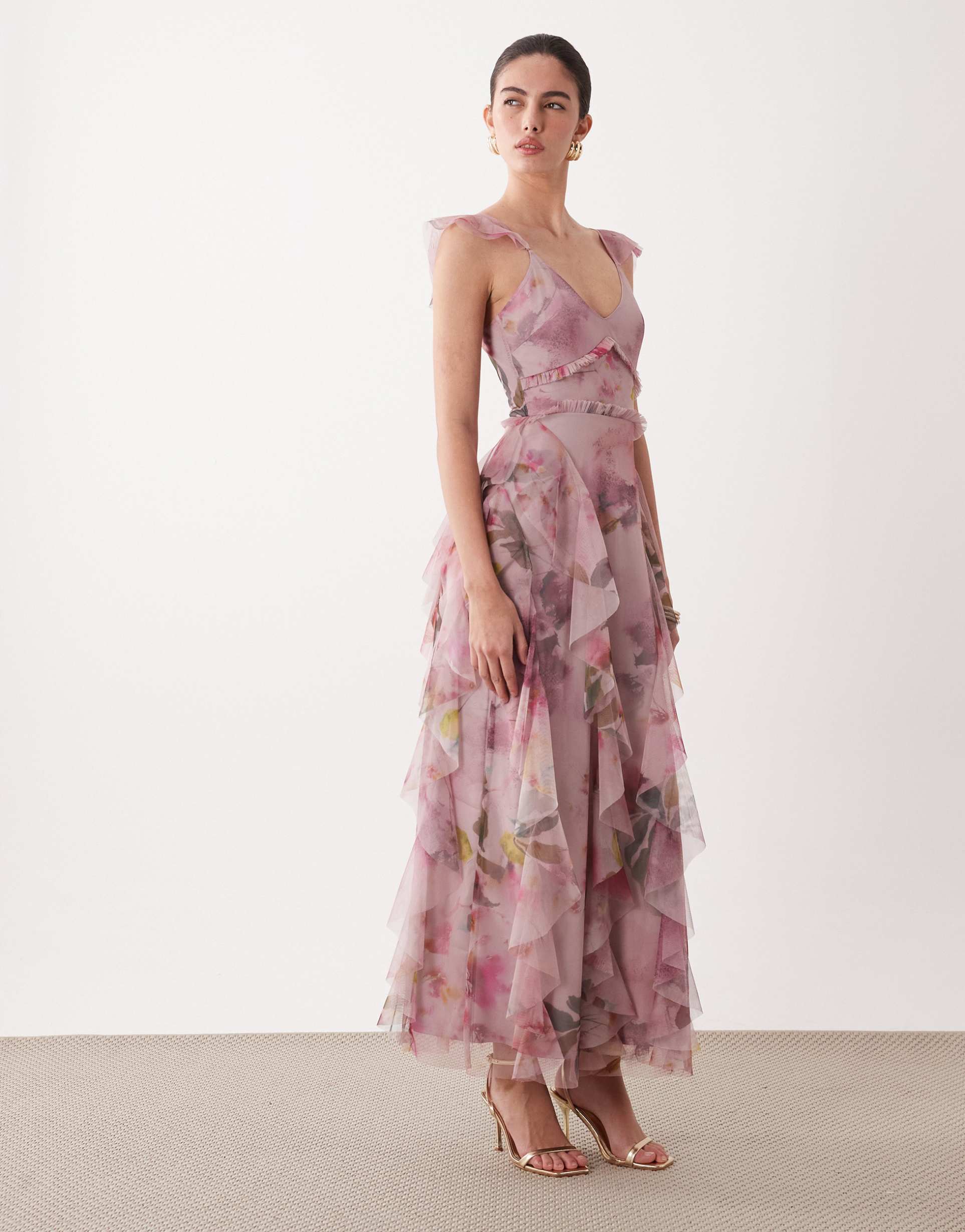 lace & beads ruffled tulle maxi dress in pink abstract floral print