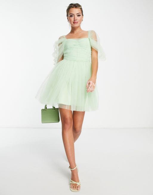 Lace & Beads – Salviagrön miniklänning i tyll med omlottdesign, endast hos ASOS, 3 av 4