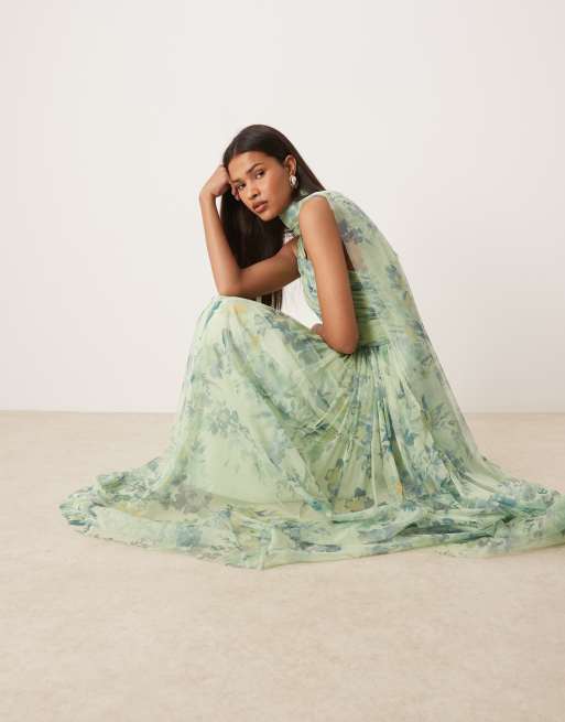 Lace & Beads - Salviegrøn oneshoulder-maxikjole med tørklæde i halsen og print, 3 af 4